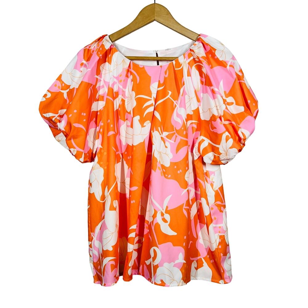 Floral Puff Sleeve Tunic Blouse Top Short Slv Orange Scoop Neck White - L